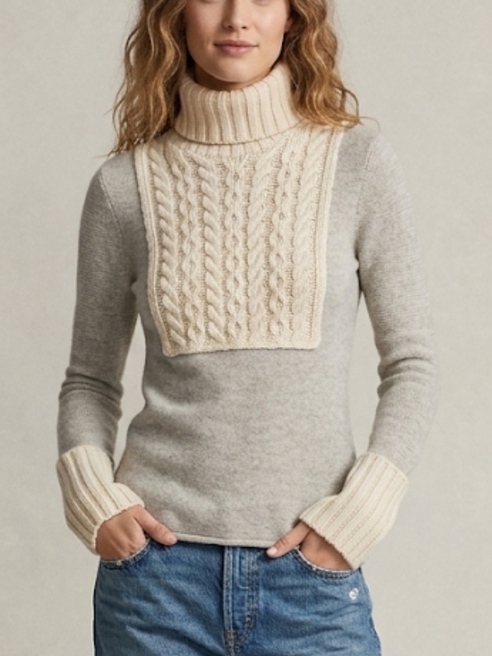 Tory Burch Gretchen Turtleneck Sweater XS Gray Alpaca Wool Blend Cable Knit Trim